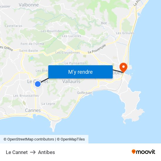 Le Cannet to Antibes map
