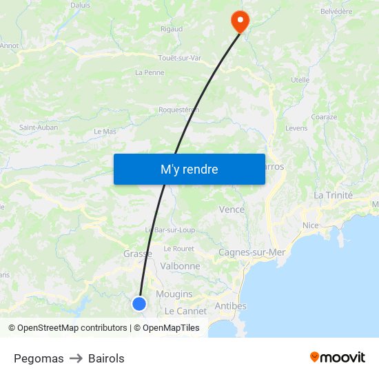 Pegomas to Bairols map