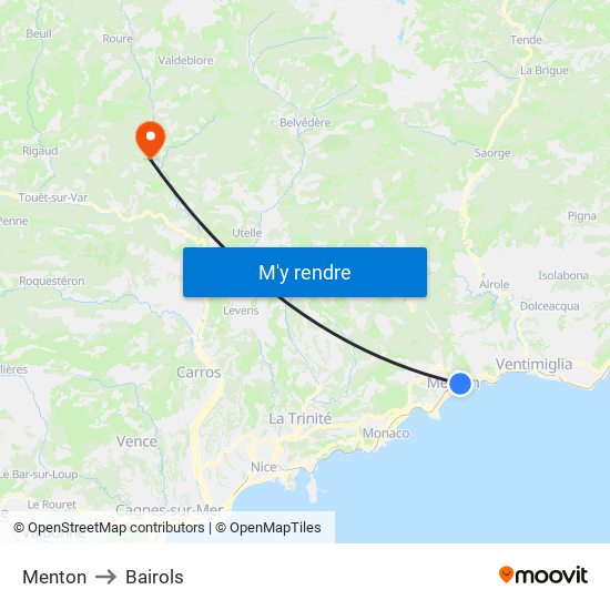 Menton to Bairols map