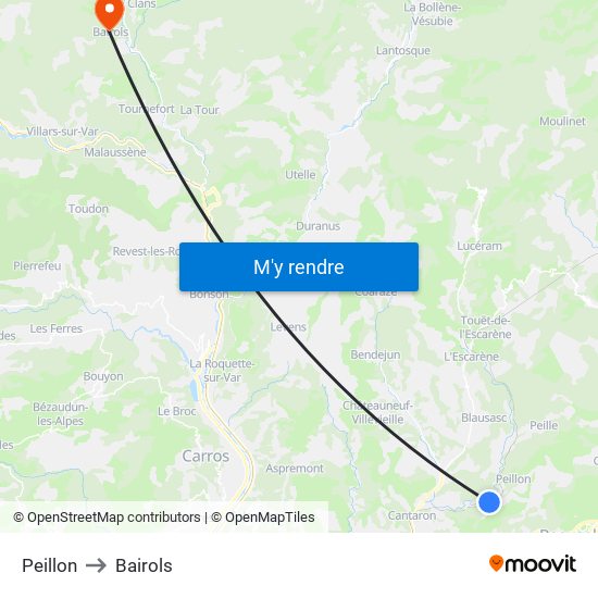 Peillon to Bairols map