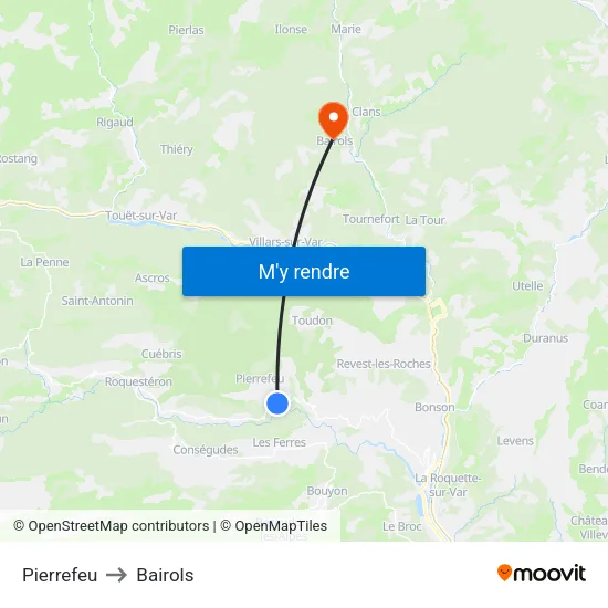Pierrefeu to Bairols map