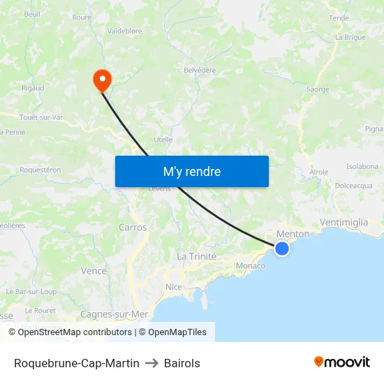 Roquebrune-Cap-Martin to Bairols map