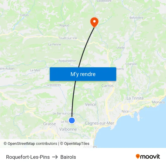 Roquefort-Les-Pins to Bairols map