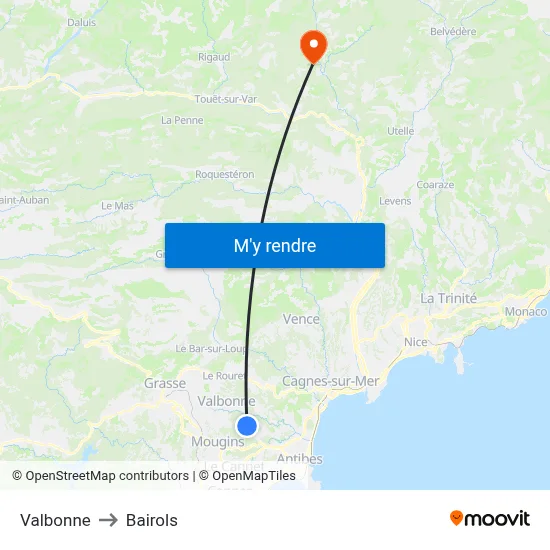 Valbonne to Bairols map