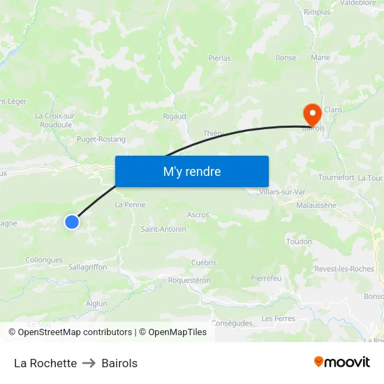 La Rochette to Bairols map