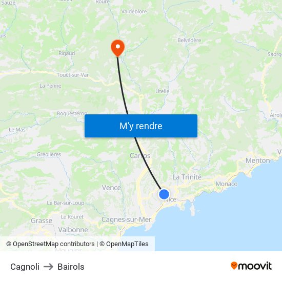 Cagnoli to Bairols map