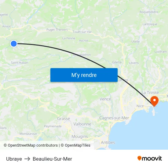 Ubraye to Beaulieu-Sur-Mer map
