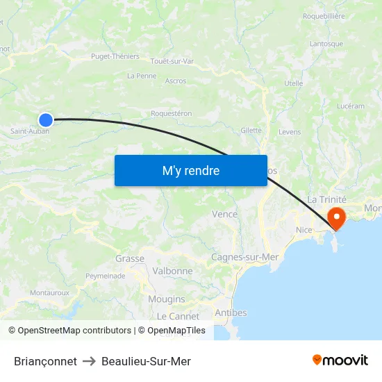 Briançonnet to Beaulieu-Sur-Mer map