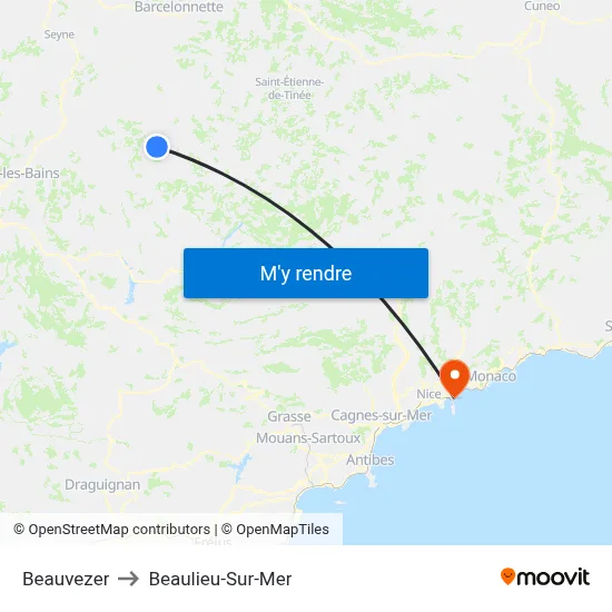 Beauvezer to Beaulieu-Sur-Mer map