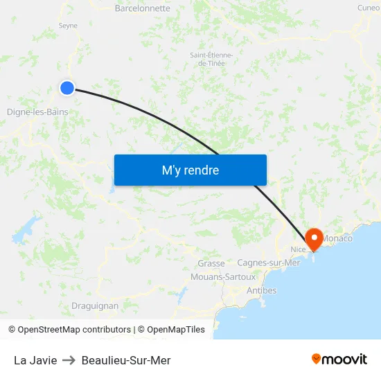 La Javie to Beaulieu-Sur-Mer map