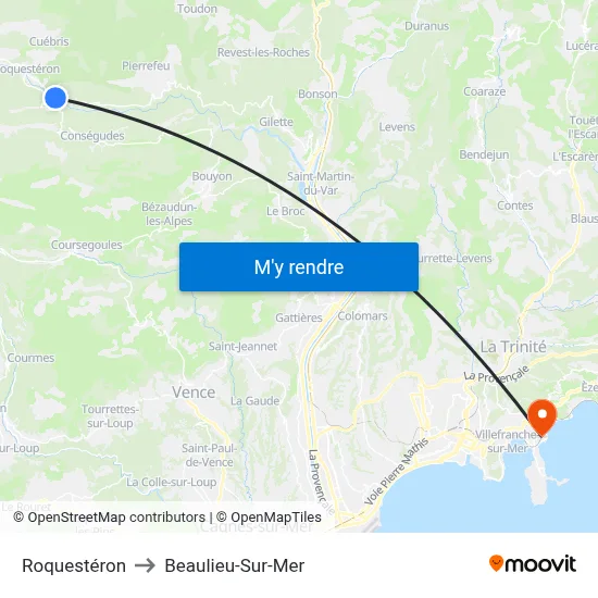 Roquestéron to Beaulieu-Sur-Mer map
