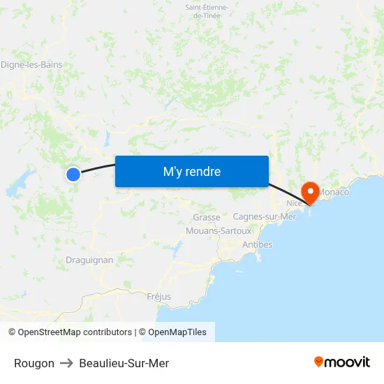 Rougon to Beaulieu-Sur-Mer map
