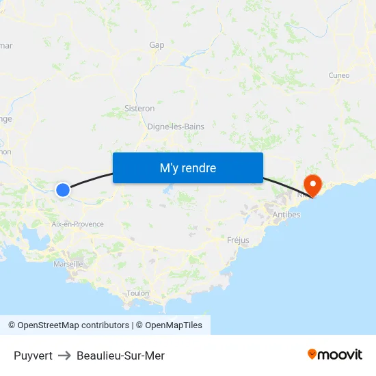 Puyvert to Beaulieu-Sur-Mer map