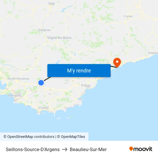 Seillons-Source-D'Argens to Beaulieu-Sur-Mer map