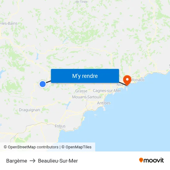 Bargème to Beaulieu-Sur-Mer map