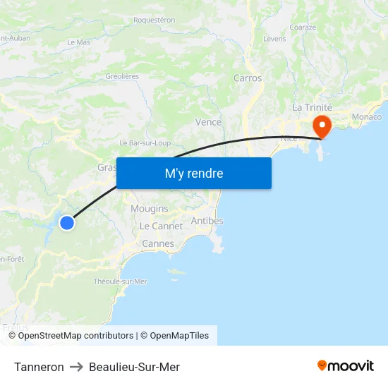 Tanneron to Beaulieu-Sur-Mer map