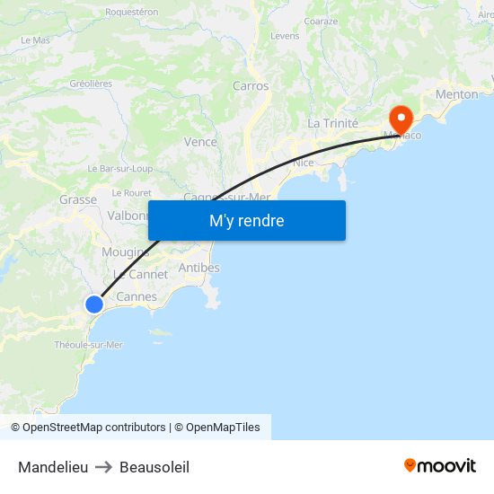 Mandelieu to Beausoleil map