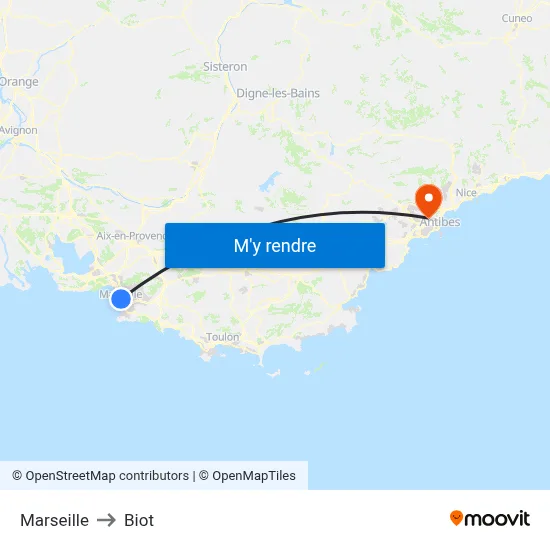 Marseille to Biot map