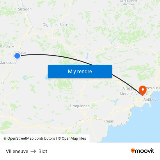 Villeneuve to Biot map