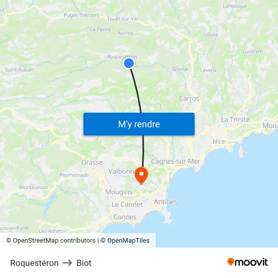 Roquestéron to Biot map