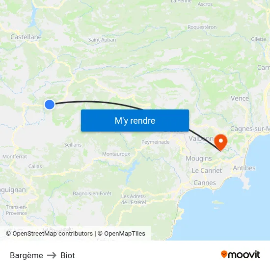 Bargème to Biot map