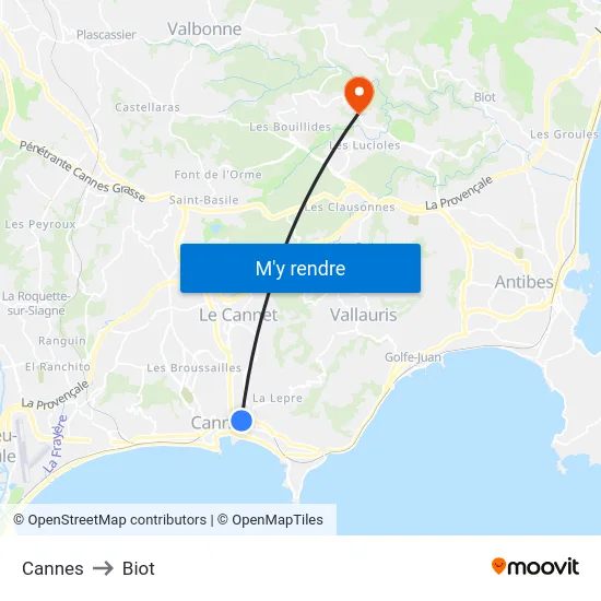 Cannes to Biot map