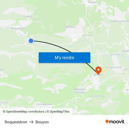 Roquestéron to Bouyon map