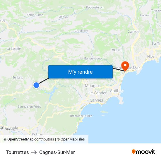 Tourrettes to Cagnes-Sur-Mer map