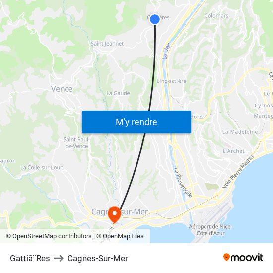 Gattiã¨Res to Cagnes-Sur-Mer map