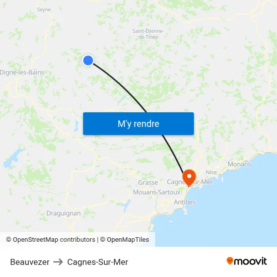 Beauvezer to Cagnes-Sur-Mer map