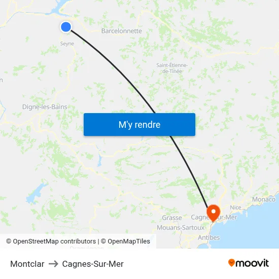 Montclar to Cagnes-Sur-Mer map