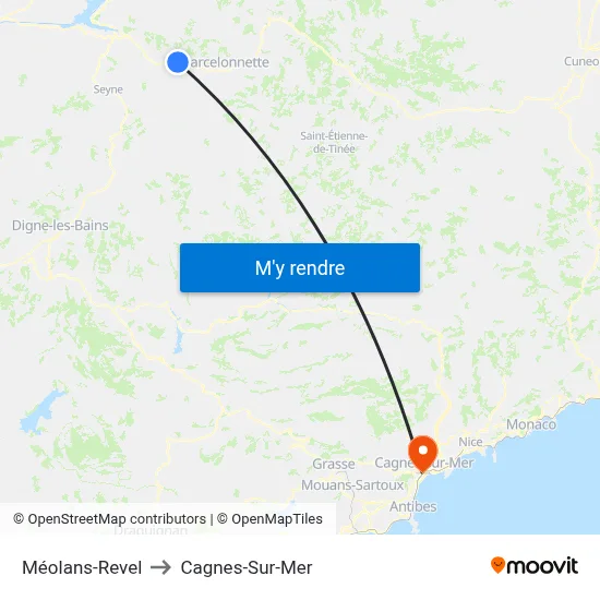 Méolans-Revel to Cagnes-Sur-Mer map