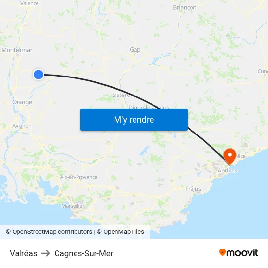 Valréas to Cagnes-Sur-Mer map