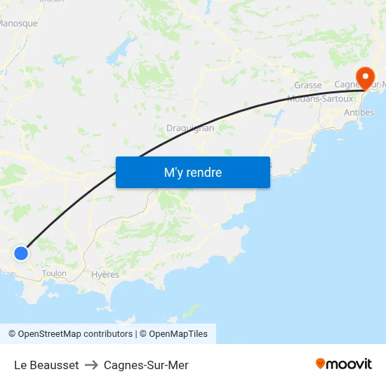 Le Beausset to Cagnes-Sur-Mer map