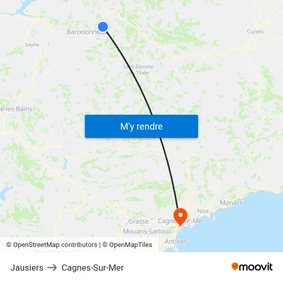Jausiers to Cagnes-Sur-Mer map