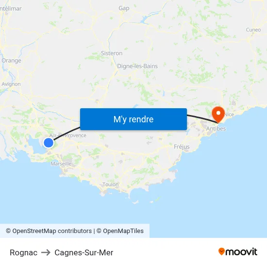 Rognac to Cagnes-Sur-Mer map