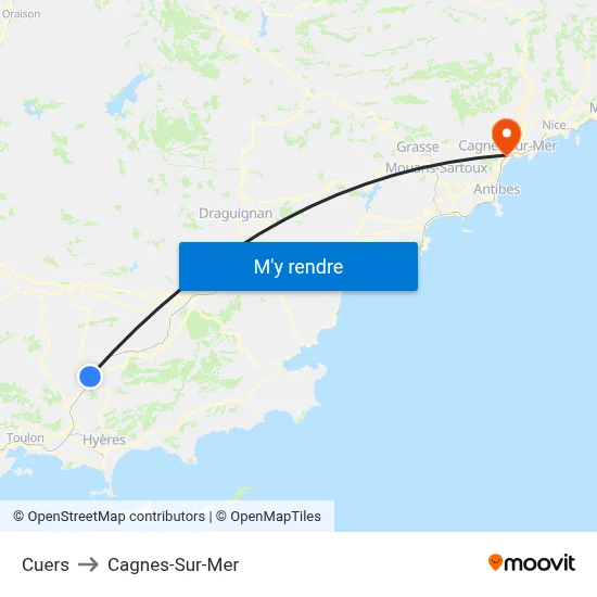 Cuers to Cagnes-Sur-Mer map