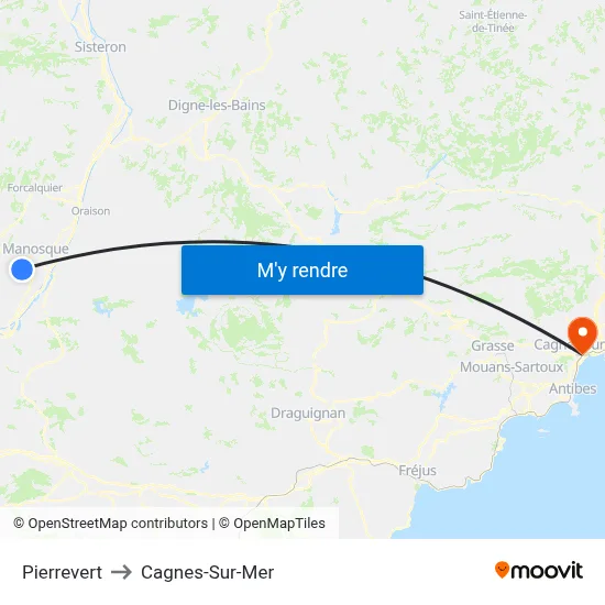 Pierrevert to Cagnes-Sur-Mer map