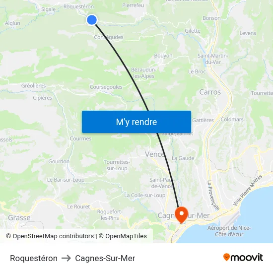 Roquestéron to Cagnes-Sur-Mer map