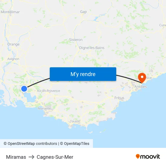 Miramas to Cagnes-Sur-Mer map