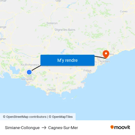 Simiane-Collongue to Cagnes-Sur-Mer map