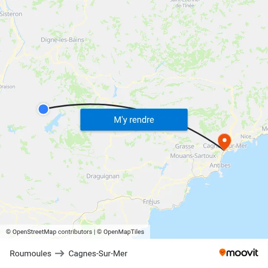 Roumoules to Cagnes-Sur-Mer map
