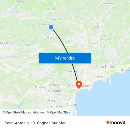 Saint-Antonin to Cagnes-Sur-Mer map