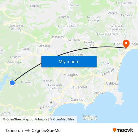 Tanneron to Cagnes-Sur-Mer map