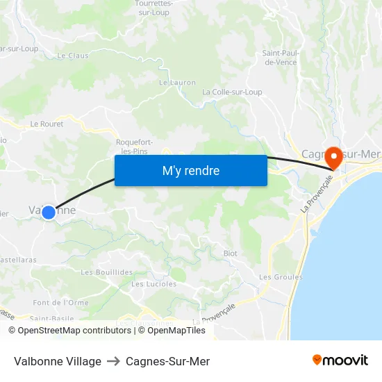 Valbonne Village to Cagnes-Sur-Mer map