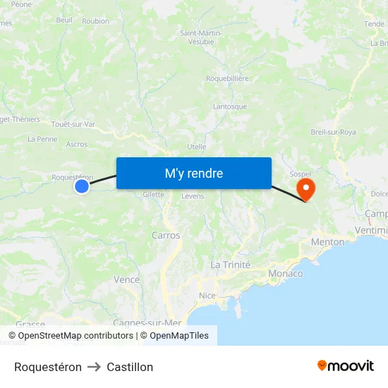 Roquestéron to Castillon map