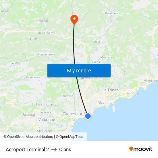 Aéroport Terminal 2 to Clans map