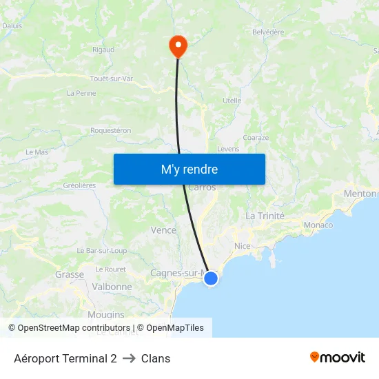 Aéroport Terminal 2 to Clans map