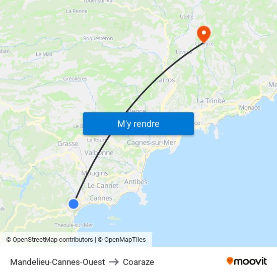 Mandelieu-Cannes-Ouest to Coaraze map