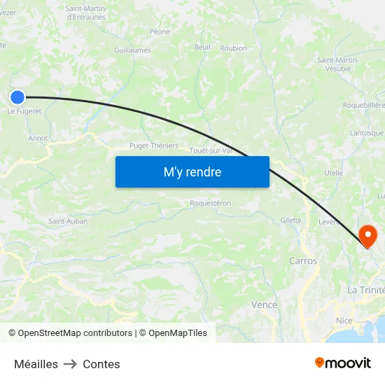 Méailles to Contes map